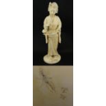 Japanese Okimono : A 19thC Tokyo School? carved ivory figure of a bijin holding a fan (uchiwa)