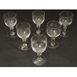 19 th C Wine glasses : A set of 6 wine glasses , with Bordeaux shaped bowl on a knopped stem, the