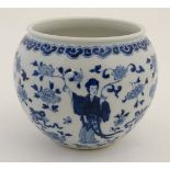 A Chinese blue and white small jardiniere / pot, decorated with female figures holding flowers and