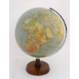 Globe : A Phillips Challenge globe 13 1/2" diameter with chromium meridian on a turned hardwood