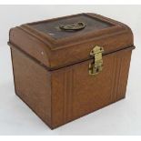 A fine Victorian tolepeint semidomed squared hat box with brass carry handle and catch. 14 1/3" wide