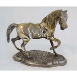 A silver plate on brass Oriental sculpture of a horse upon a quatrefoil base. 10 1/2'' high x 11 1/