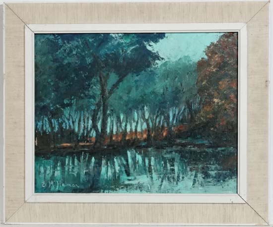 E M Holman XX,
Pallet Knife oil on board,
' The Pond ',
Signed lower left and with titled artist's