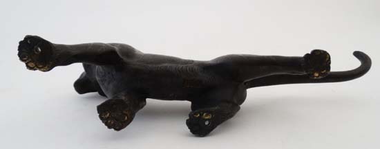 A Japanese Meji bronze sculpture - a model of a striped tiger with glass eyes. Signed under. 9 3/ - Image 6 of 6