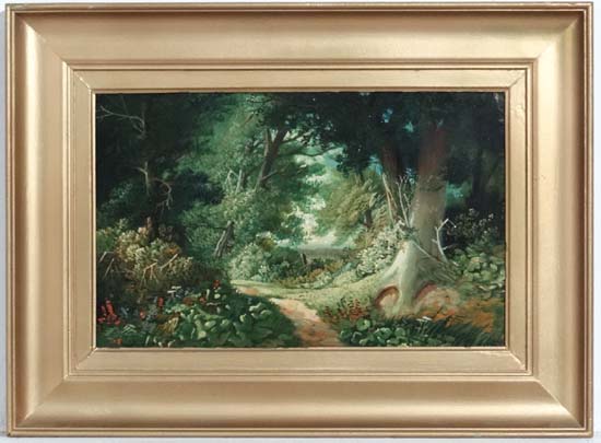 XX English School,
Oil on board,
A woodland path.
11 x 17 1/2"
 CONDITION: Please Note -  we do