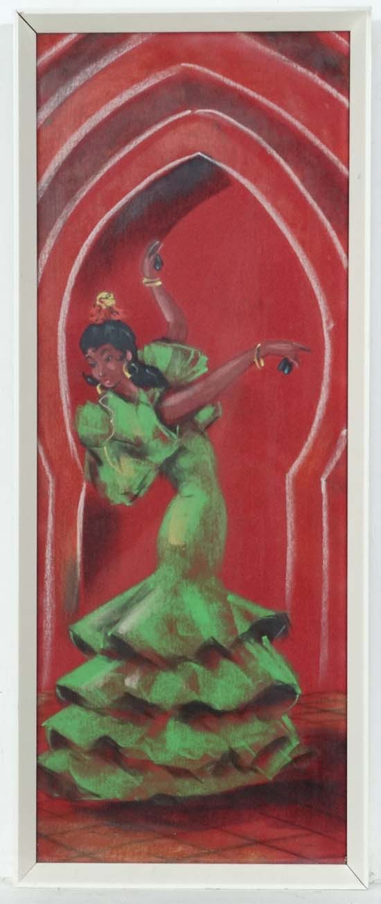 Mid XX Spanish School,
Pastel,
Flamenco dancer with castanets on a Moorish doorway.
25 x 9 1/2"