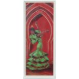 Mid XX Spanish School,
Pastel,
Flamenco dancer with castanets on a Moorish doorway.
25 x 9 1/2"