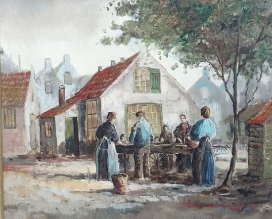 Indistinctly signed XX Continental School 
Oil on canvas, 
Figures in a village,
Signed lower - Image 2 of 4