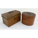 2 Victorian tole peint decorated hat boxes one of oval shape the other squared semi - domed. The