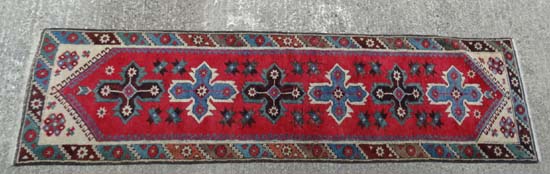 Rug / Carpet : a  Caucasion Runner with Latch-Hook  design and 8 pointed star decoration , with - Image 6 of 6