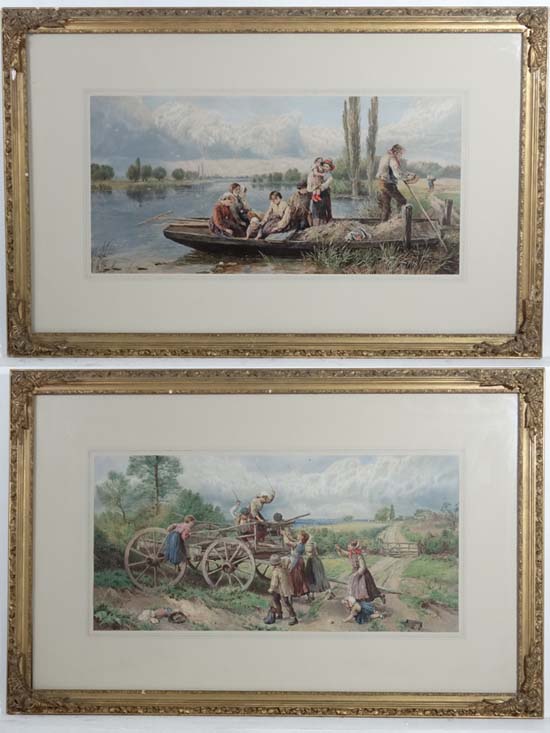 After Miles Birkett-Foster XIX
A pair of coloured lithographs
Children playing on a farm cart and