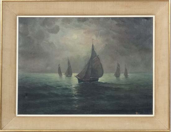 Indistinctly Signed Early- mid XX,
Oil on canvas,
Fishing boats at sea working by moonlight,