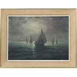 Indistinctly Signed Early- mid XX,
Oil on canvas,
Fishing boats at sea working by moonlight,