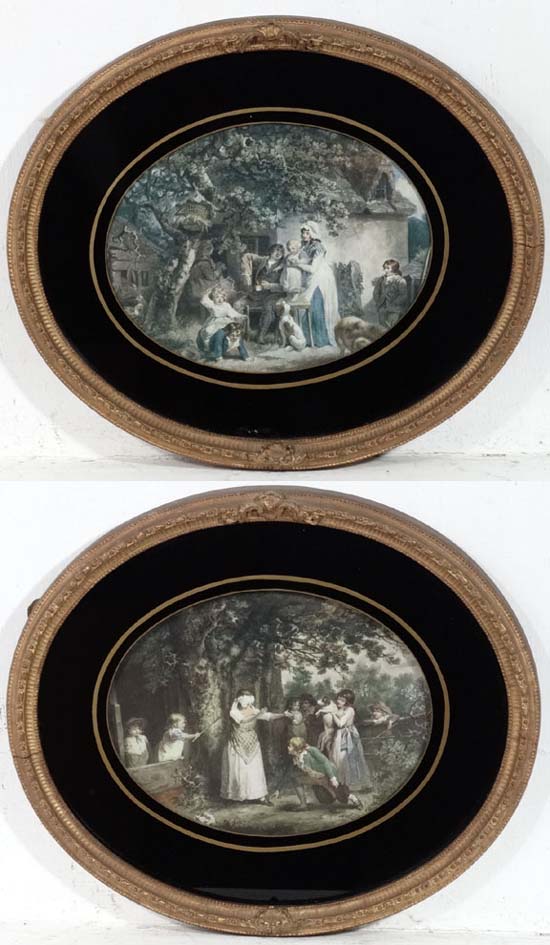 After George Morland (1763-1804)
Coloured Mezzotint ovals circa 1800 with Verre eglomise mount and