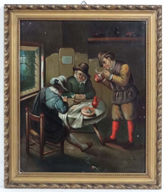 Early 19thC Dutch School,
Oil on tin,
Figures smoking clay pipes in an interior.
9 7/8 x 8"