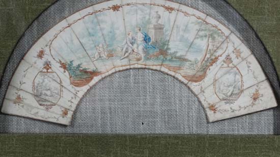 19 thC French Fan : 26 sectional hand painted coloured watercolour and greyscale fan with gilt - Image 2 of 4