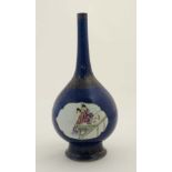 A Chinese blue glazed porcelain bottle vase, decorated with gilding and vignettes of female