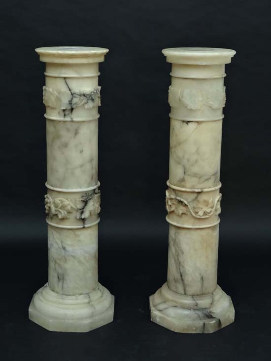 A pair of onyx / marble columns with octagonal bases, circular tops and bands of fruiting vine - Image 2 of 2