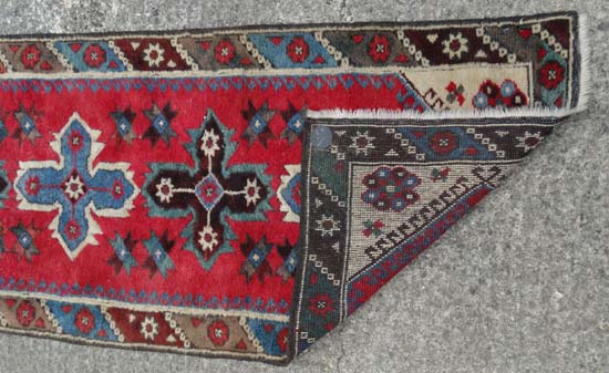 Rug / Carpet : a  Caucasion Runner with Latch-Hook  design and 8 pointed star decoration , with - Image 4 of 6