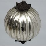 Witches Ball :  A pendant ridged mirrored sphere with patinated brass ornate top and bottom, 3"