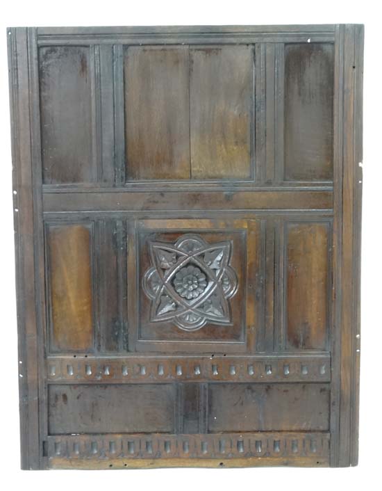 17thC wall panel : An oak peg jointed panel with central carved rose ivy leaf and lunette decoration - Image 5 of 5
