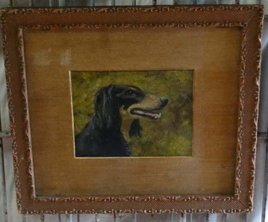 Indistinctly Signed C. 1930
Oil on board
Portrait of a Black and Tan Borzoi dog head
Signed lower