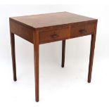 A mid - late 20thC Satin Walnut side table with 2 short drawers 30" wide x 21 3/4" deep x 30"