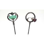 Charles Horner  Hat Pins : 2 hat pins one surmounted by scrolling openwork heart shaped detail with