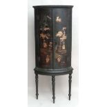 An early - mid 19thC green lacquered bow front corner cabinet with Chinoiserie decoration on 4