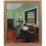 Monogrammed 1940,
Oil on board,
Kitchen assistant cleaning and polishing copper pots etc,
Signed and