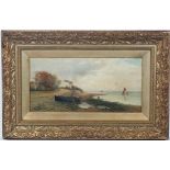 F Rosset XIX,
Oil on canvas,
' Nelley Shore ' Fishing boats and boats in an estuary, 
Signed lower