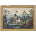 Late XVIII / XIX English School,
Watercolour,
Young girl dipping toe into stream with loving dog