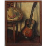 Gildas XX Mexican,
Oil on canvas,
An interior with guitar, chair and sombrero, 
Signed lower left.