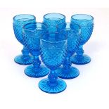 Vintage Retro : A set of 6 mid/late 20thC turquoise blue glass liquer glasses with knobbly