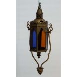 An Islamic Staff top pendant trefoil and quatrefoil decorated stained glass hexagonal light 20" high