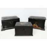 3 Victorian papier -mache tea caddies , two with abalone and mother of pearl decoration the