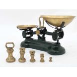 Balance scales + 5 brass chess weights CONDITION: Please Note -  we do not make reference to the