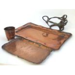 Arts and Crafts : 3 embossed copper items to include 2 trays, spill vase together with a pewter 3-