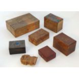 6 assorted wooden boxes to included examples of poker work, Arts and Crafts, Art Deco and a Black