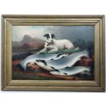James B Russell (1867-1956),
Oil on canvas,
Loyal Terrier dog guarding 3 large fresh caught salmon