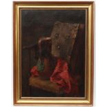 Indistinctly Signed English School, circa 1900
Oil on canvas
A still life with leather chair, a