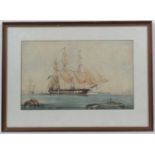 Richmond W Markes (XIX- XX) Marine School
Watercolour and gouache
A  Full-Rigged Warship in a