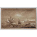 John Christian Schetky (1778-1874) Marine School
Sepia watercolour
Shipping in choppy seas off a