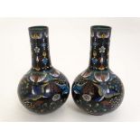 Cloisonné : A pair of  Oriental brass vases with Cloisonne decoration depicting birds and