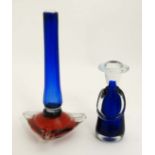 Art Glass : A Studio glass tall bud vase in blue red and clear glass together with a blue and