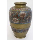 Cloisonné : An Oriental brass vase of ovoid form with Cloisonne banded decoration 11 1/2" high