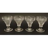 A set of 4 19thC pedestal ale glasses with etched hop decoration to rim. Approx 5 1/2" high