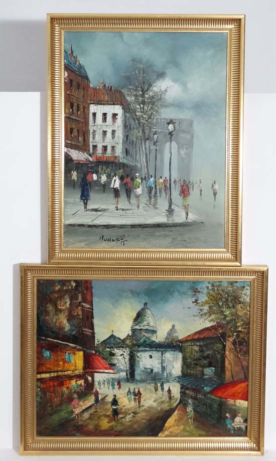 Caroline C Burnett XIX-XX,
Oil on canvas , a pair,
Parisian street scene with Arc de Triomphe de l'