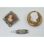 A late 19thC / early 20thC gilt metal brooch set with central classical cameo together with a late