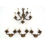 A 5 branch gilt metal chandelier with 3 twin arm wall lights CONDITION: Please Note -  we do not